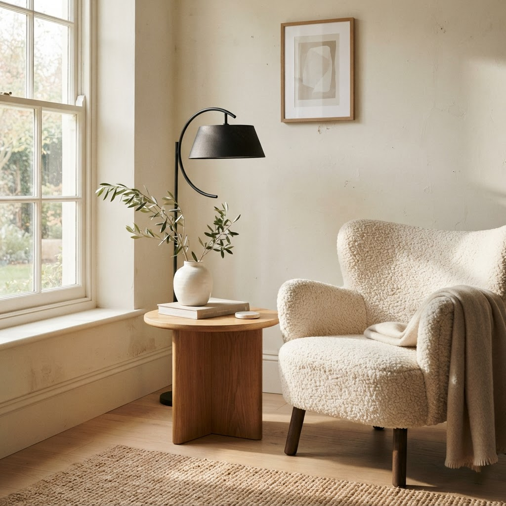 A warm, tidy living room redesigned with Moodi